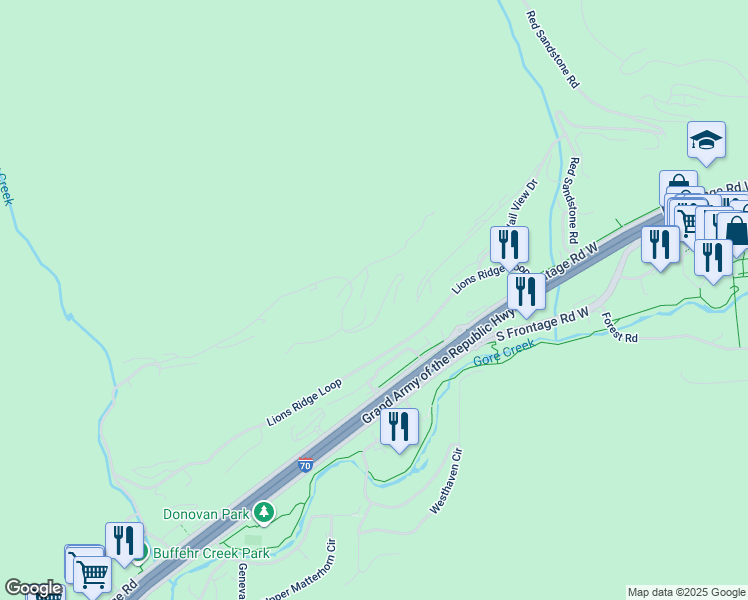 map of restaurants, bars, coffee shops, grocery stores, and more near 1425 Buffehr Creek Rd in Vail