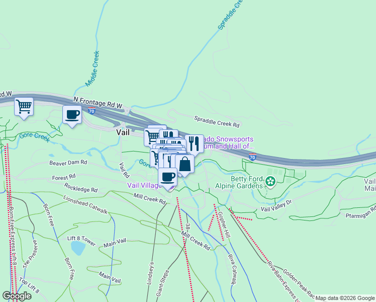 map of restaurants, bars, coffee shops, grocery stores, and more near 241 Meadow Ridge Road in Vail