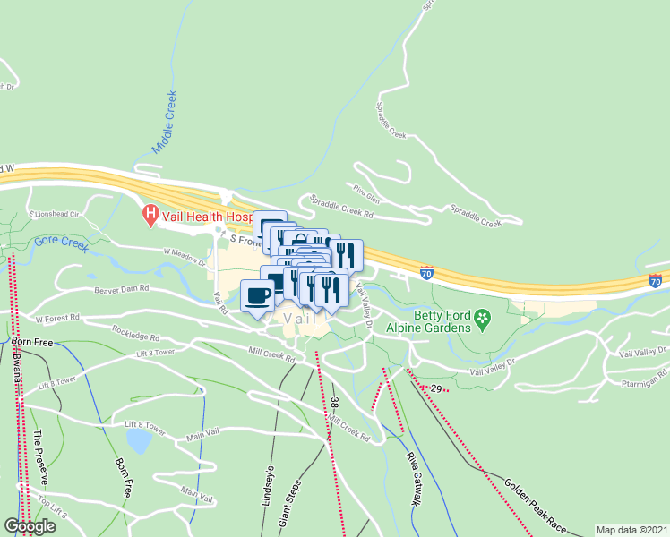 map of restaurants, bars, coffee shops, grocery stores, and more near 241 E Meadow Dr in Vail