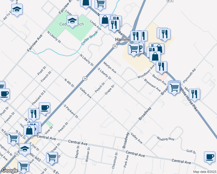 map of restaurants, bars, coffee shops, grocery stores, and more near 663 Grape Street in Hammonton
