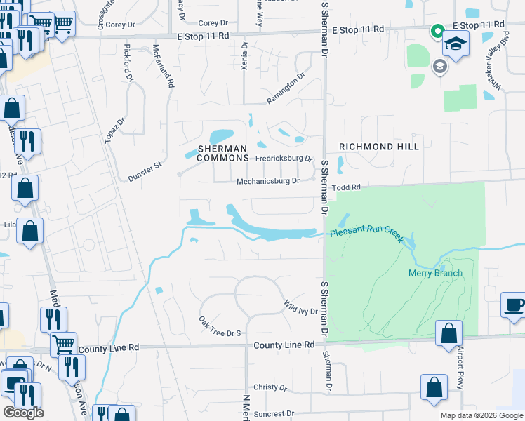 map of restaurants, bars, coffee shops, grocery stores, and more near 3515 Valley Lake Drive in Indianapolis