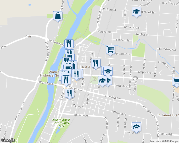 map of restaurants, bars, coffee shops, grocery stores, and more near 11 North 4th Street in Miamisburg