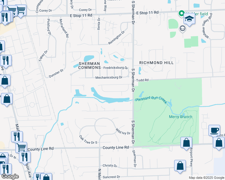 map of restaurants, bars, coffee shops, grocery stores, and more near 3608 Valley Lake Drive in Indianapolis