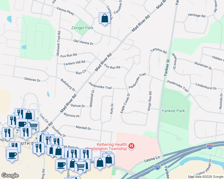 map of restaurants, bars, coffee shops, grocery stores, and more near 2046 Penbrooke Trail in Dayton