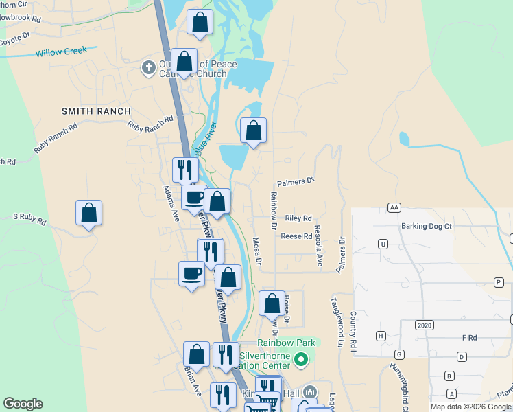 map of restaurants, bars, coffee shops, grocery stores, and more near 1100 Mesa Drive in Silverthorne
