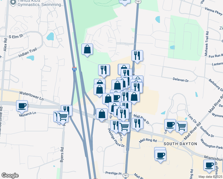 map of restaurants, bars, coffee shops, grocery stores, and more near 3757 Summit Glen Drive in Dayton