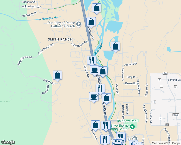 map of restaurants, bars, coffee shops, grocery stores, and more near 155 11th Street in Silverthorne