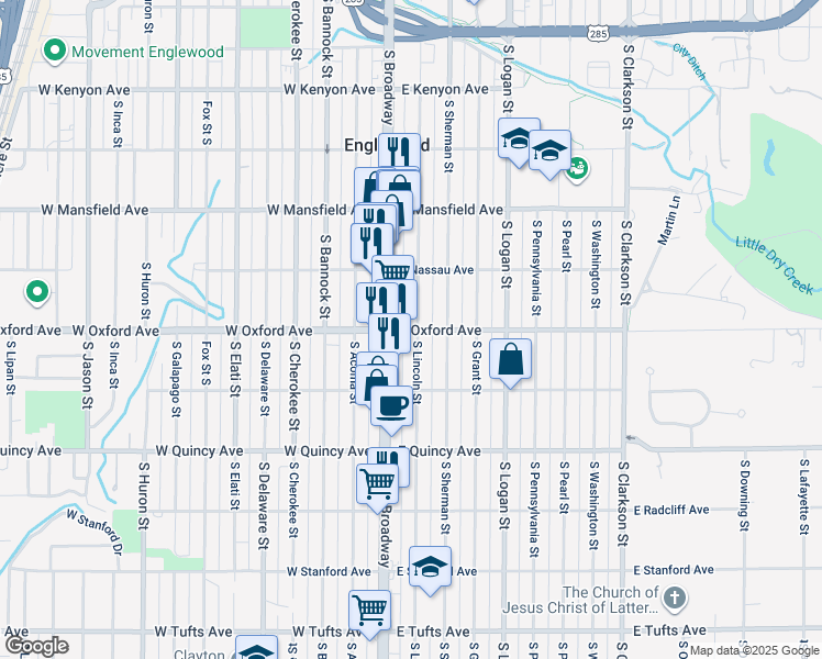 map of restaurants, bars, coffee shops, grocery stores, and more near 4100 South Lincoln Street in Englewood