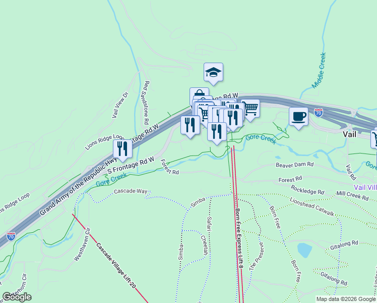 map of restaurants, bars, coffee shops, grocery stores, and more near 825 W Forest Rd in Vail