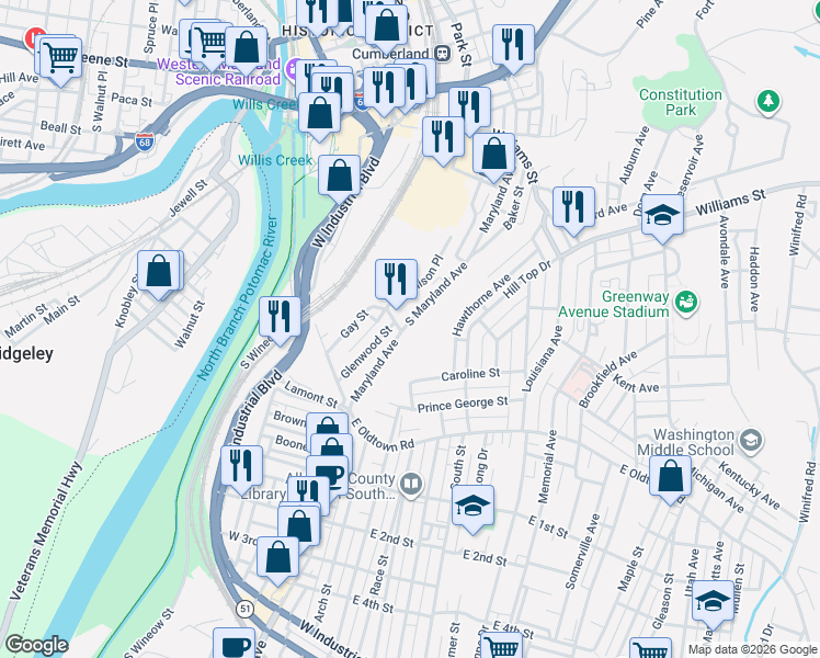 map of restaurants, bars, coffee shops, grocery stores, and more near 876 Maryland Avenue in Cumberland