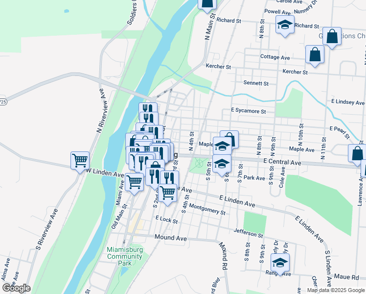 map of restaurants, bars, coffee shops, grocery stores, and more near 11 North 4th Street in Miamisburg