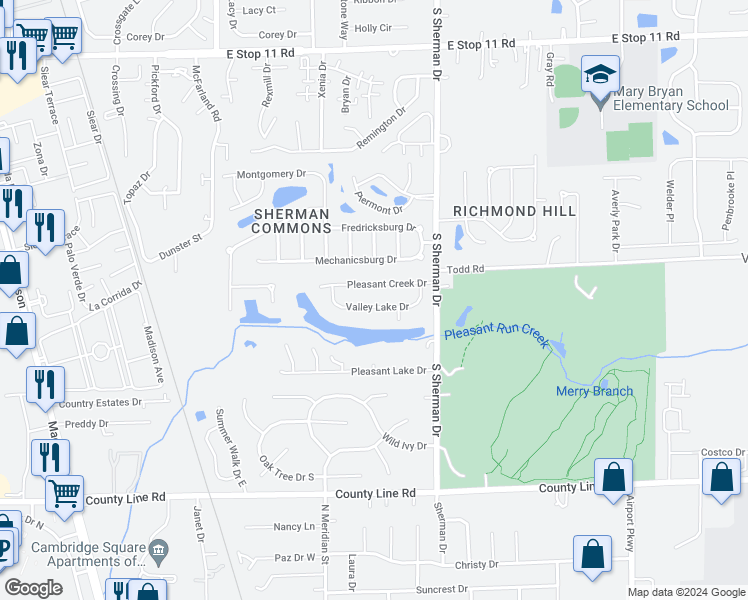 map of restaurants, bars, coffee shops, grocery stores, and more near 3608 Valley Lake Drive in Indianapolis
