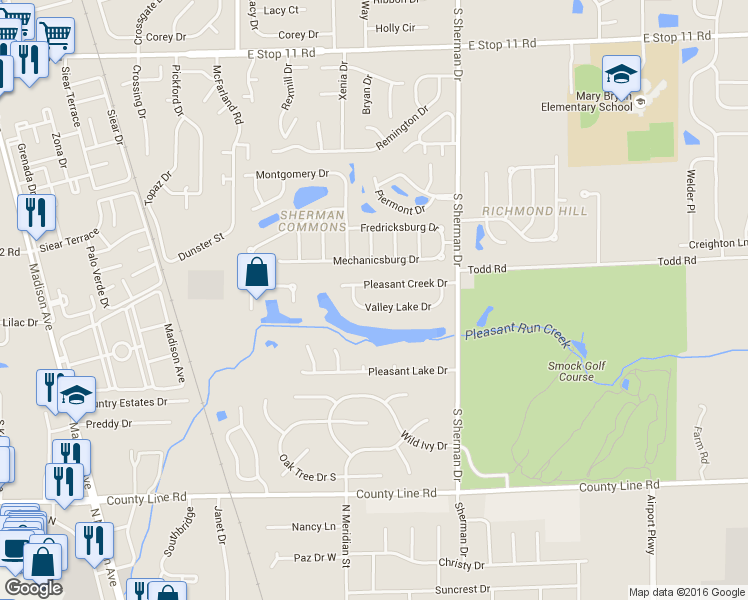 map of restaurants, bars, coffee shops, grocery stores, and more near 3608 Valley Lake Drive in Indianapolis