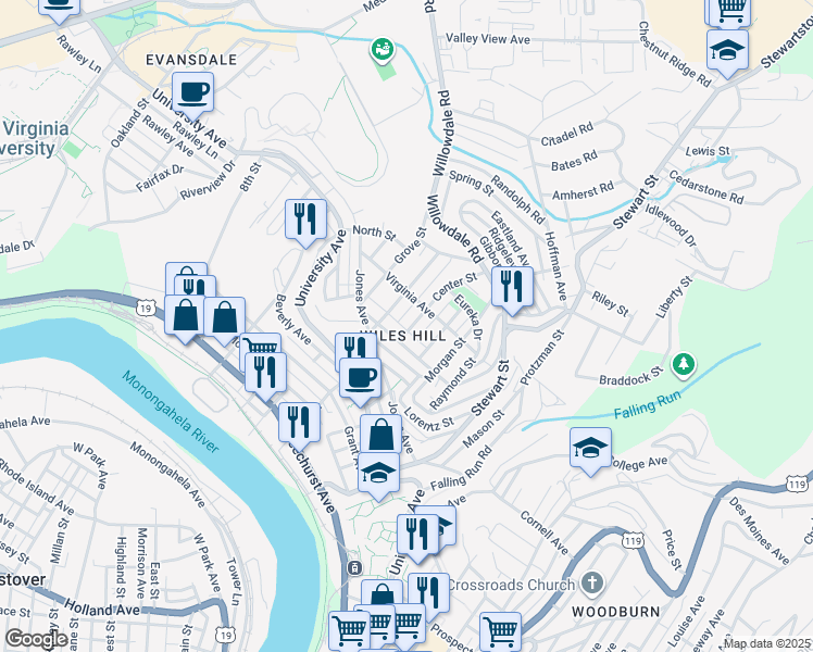 map of restaurants, bars, coffee shops, grocery stores, and more near 435 Center Street in Morgantown