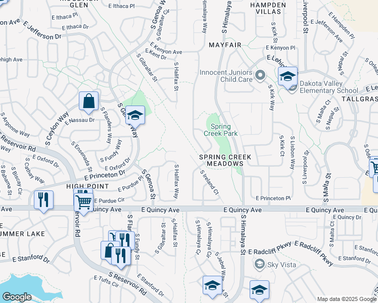 map of restaurants, bars, coffee shops, grocery stores, and more near 4100 South Ireland Court in Aurora