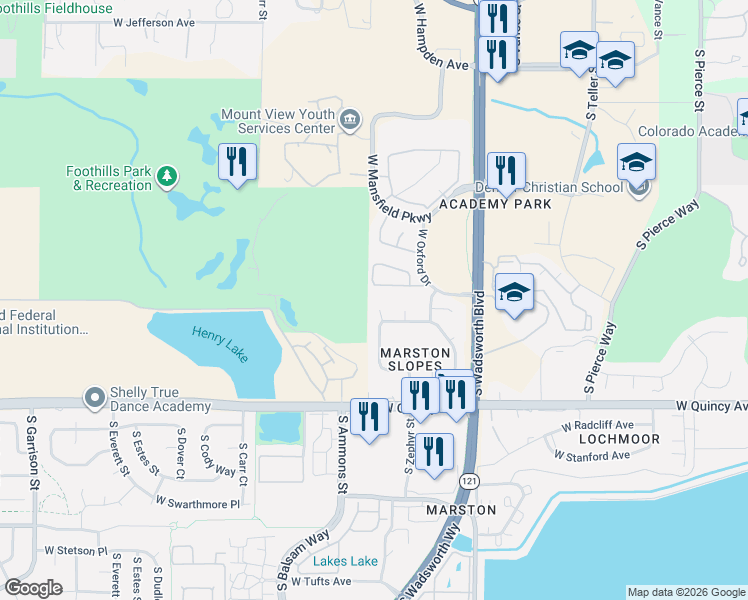 map of restaurants, bars, coffee shops, grocery stores, and more near 4081 South Allison Street in Lakewood