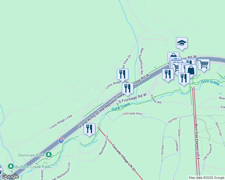 map of restaurants, bars, coffee shops, grocery stores, and more near 1100 North Frontage Road West in Vail