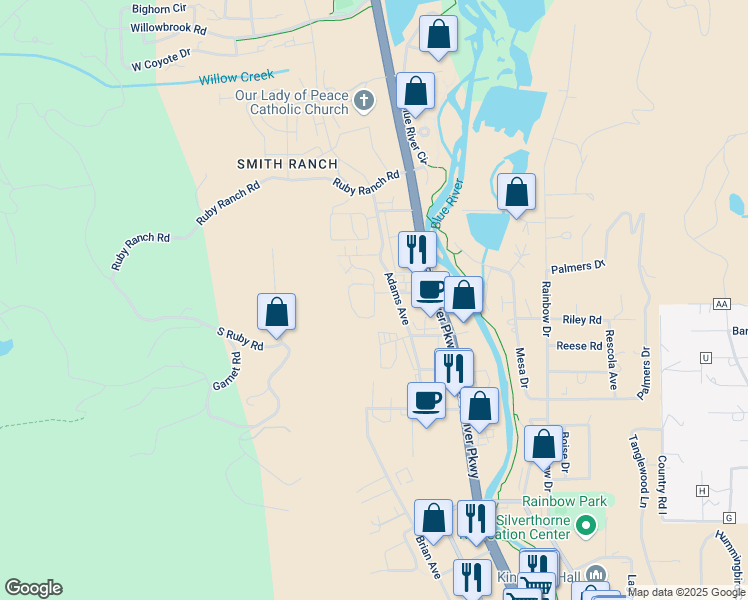 map of restaurants, bars, coffee shops, grocery stores, and more near 1081 Adams Avenue in Dillon