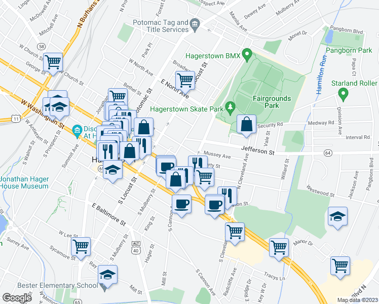 map of restaurants, bars, coffee shops, grocery stores, and more near 223 East Avenue in Hagerstown