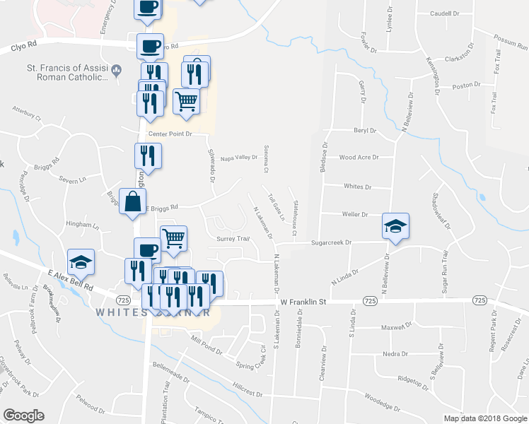 map of restaurants, bars, coffee shops, grocery stores, and more near 1844 North Lakeman Drive in Bellbrook