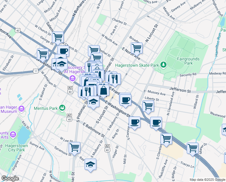 map of restaurants, bars, coffee shops, grocery stores, and more near 61 East Franklin Street in Hagerstown