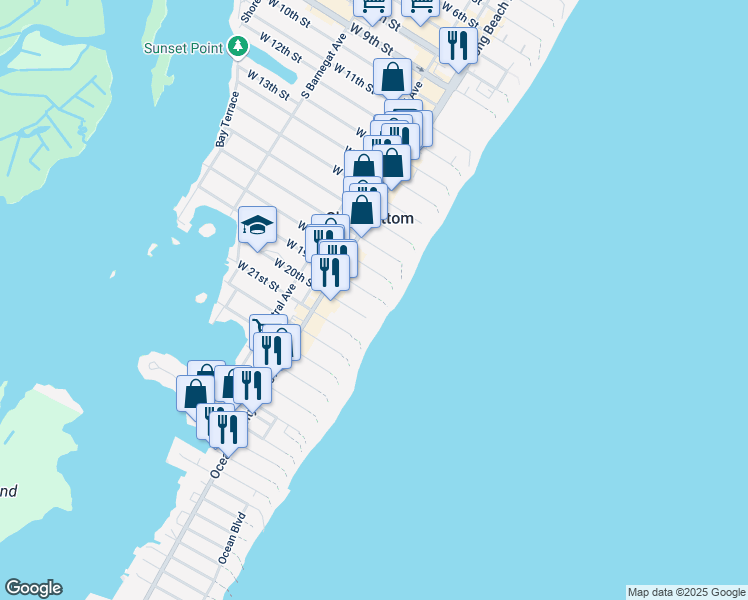 map of restaurants, bars, coffee shops, grocery stores, and more near 136 East 19th Street in Ship Bottom
