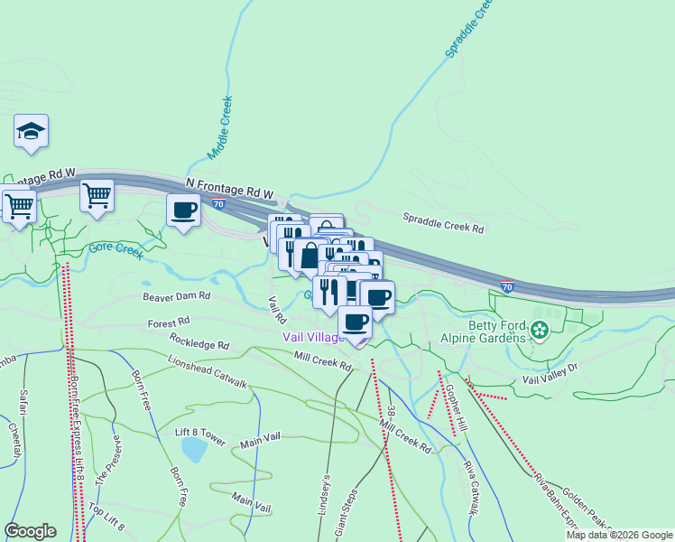 map of restaurants, bars, coffee shops, grocery stores, and more near 1 Willow Bridge Road in Vail