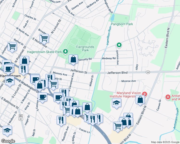 map of restaurants, bars, coffee shops, grocery stores, and more near 562 Jefferson Street in Hagerstown