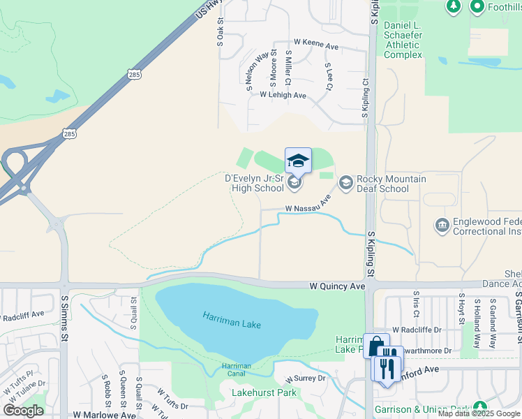 map of restaurants, bars, coffee shops, grocery stores, and more near 10598 West Nassau Avenue in Denver
