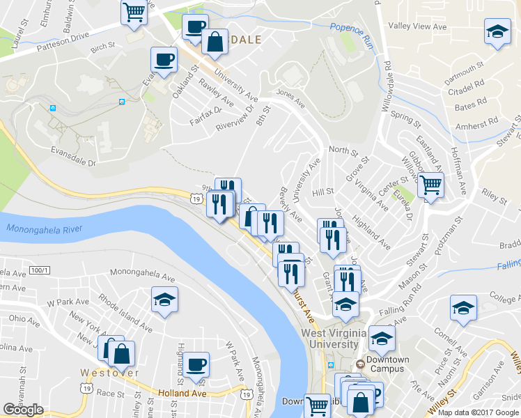 map of restaurants, bars, coffee shops, grocery stores, and more near 605 Grant Avenue in Morgantown