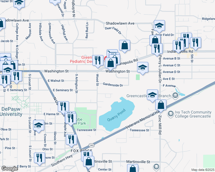 map of restaurants, bars, coffee shops, grocery stores, and more near 812 Gardenside Drive in Greencastle