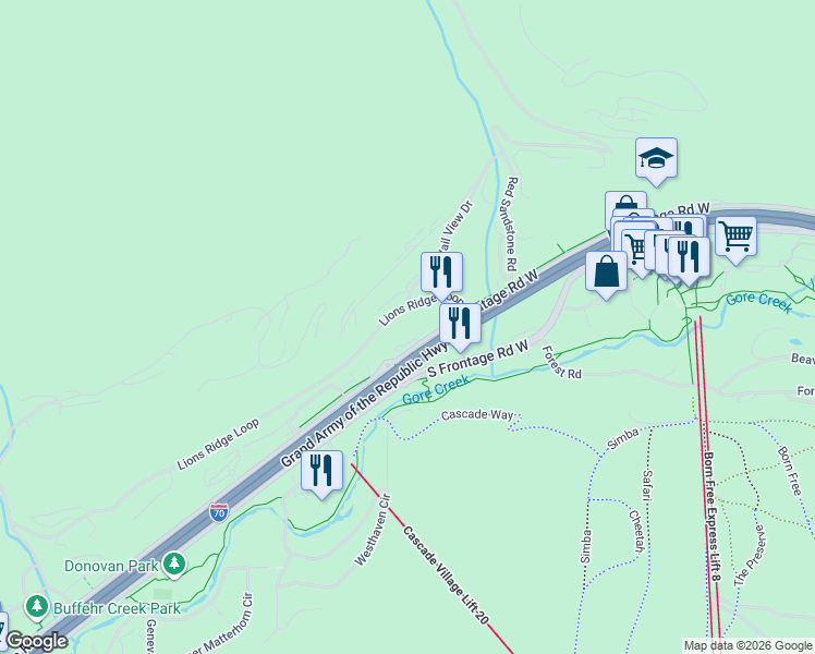 map of restaurants, bars, coffee shops, grocery stores, and more near 1100 North Frontage Road West in Vail