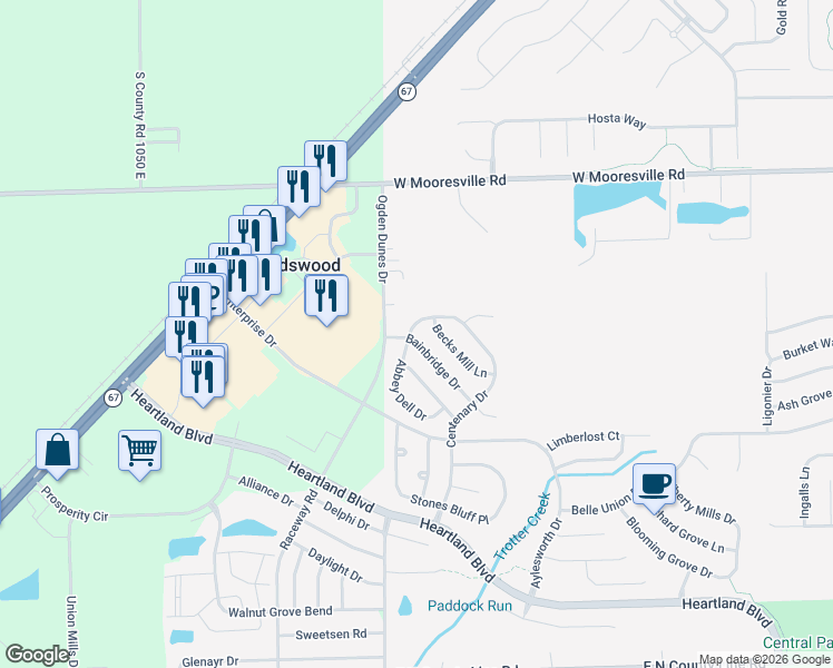 map of restaurants, bars, coffee shops, grocery stores, and more near 9250 Bainbridge Drive in Indianapolis