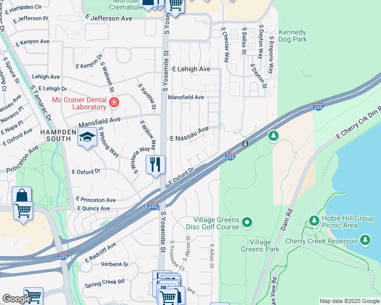 map of restaurants, bars, coffee shops, grocery stores, and more near 9123 East Oxford Drive in Denver