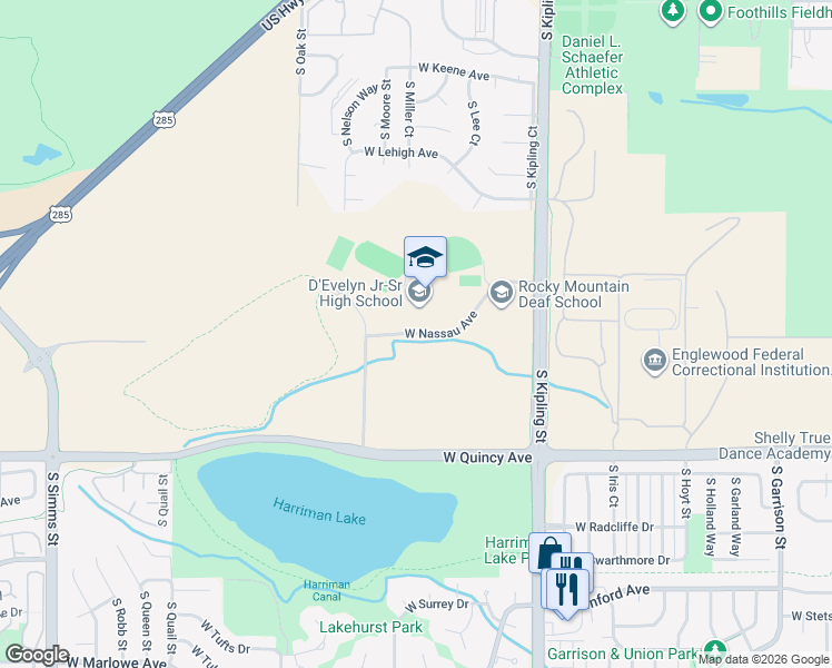 map of restaurants, bars, coffee shops, grocery stores, and more near 10000-10598 West Nassau Avenue in Denver