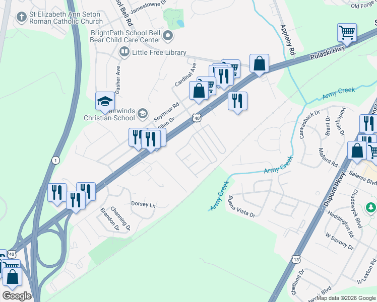 map of restaurants, bars, coffee shops, grocery stores, and more near 313 Westwind Road in Bear
