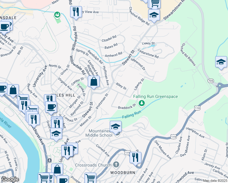 map of restaurants, bars, coffee shops, grocery stores, and more near 10 Keyser Avenue in Morgantown