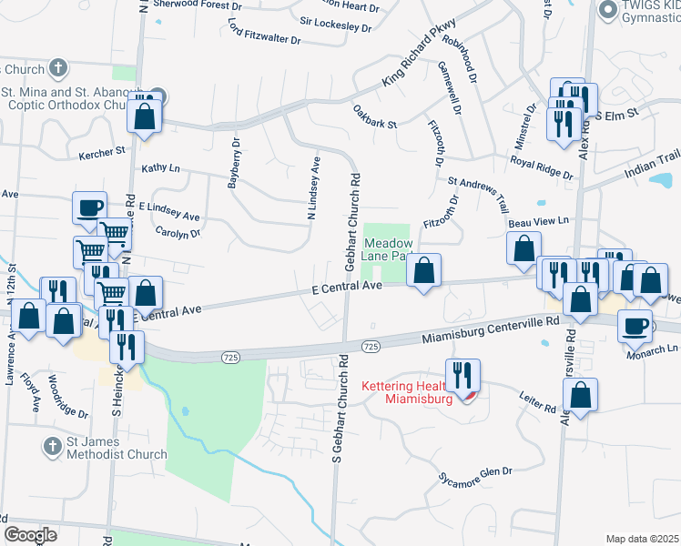 map of restaurants, bars, coffee shops, grocery stores, and more near 75 North Gebhart Church Road in Miamisburg