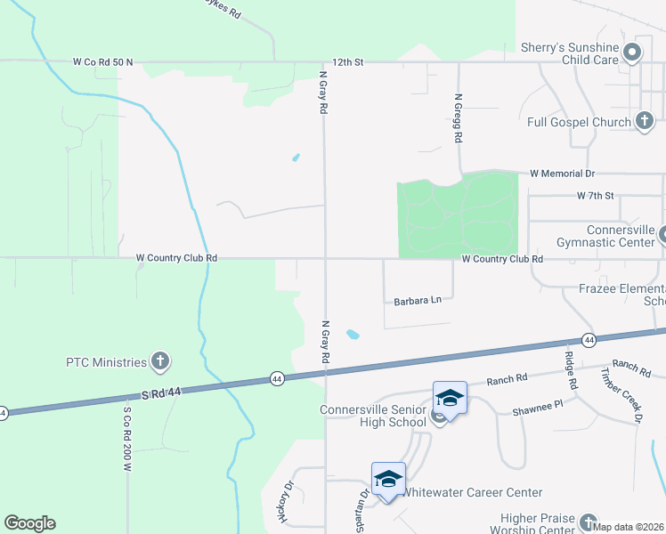 map of restaurants, bars, coffee shops, grocery stores, and more near 413 North Gray Road in Connersville