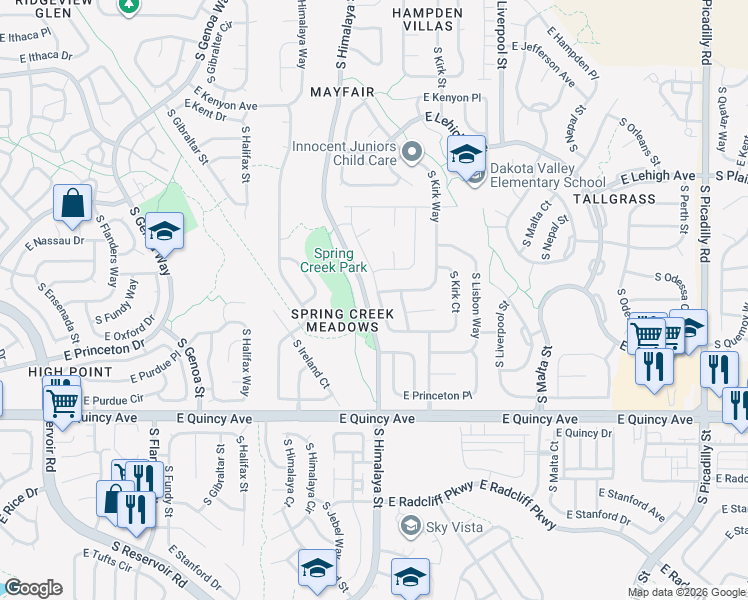 map of restaurants, bars, coffee shops, grocery stores, and more near 4093 South Jebel Way in Aurora
