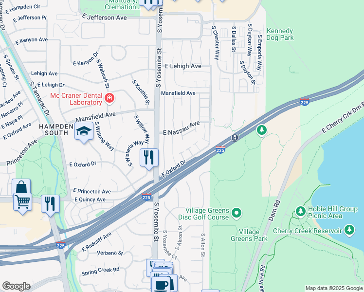 map of restaurants, bars, coffee shops, grocery stores, and more near 9123 East Oxford Drive in Denver