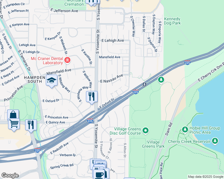 map of restaurants, bars, coffee shops, grocery stores, and more near 4042 South Yosemite Street in Denver