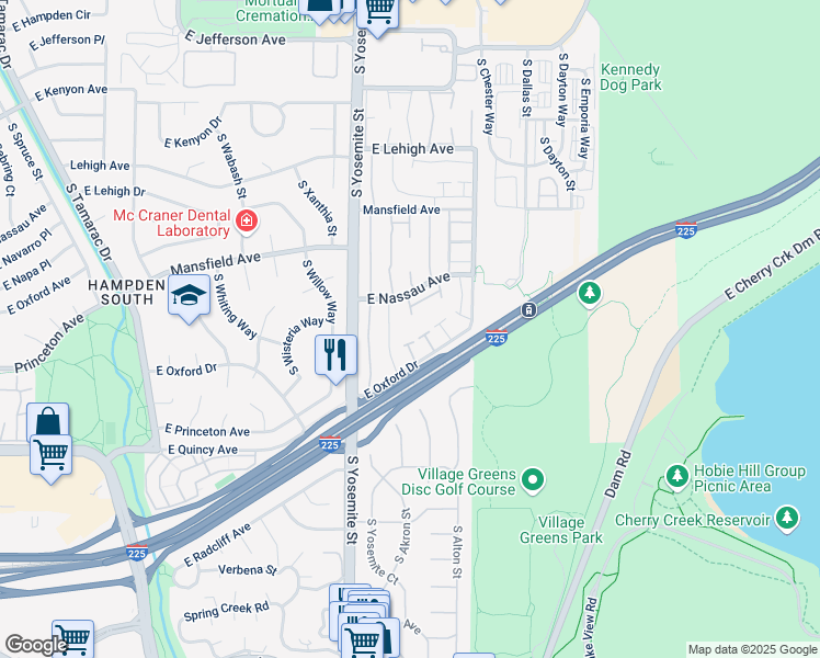 map of restaurants, bars, coffee shops, grocery stores, and more near 9123 East Oxford Drive in Denver