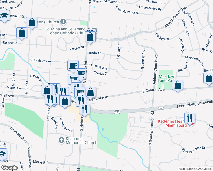 map of restaurants, bars, coffee shops, grocery stores, and more near 1568 Almedia Court in Miamisburg