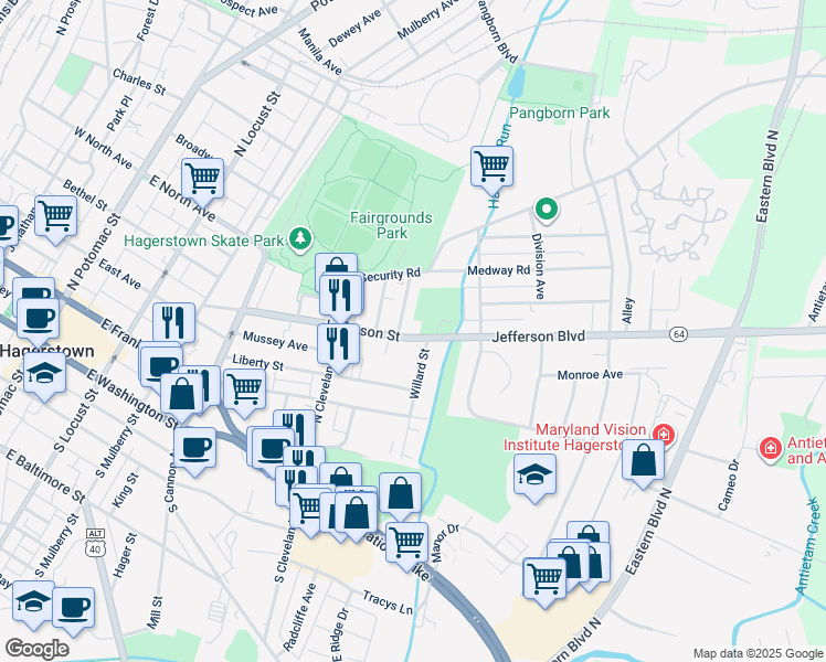 map of restaurants, bars, coffee shops, grocery stores, and more near 562 Jefferson Street in Hagerstown