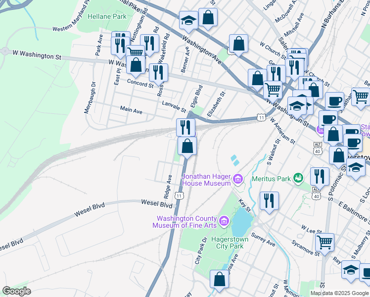 map of restaurants, bars, coffee shops, grocery stores, and more near 313 South Burhans Boulevard in Hagerstown