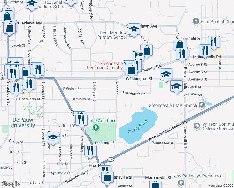 map of restaurants, bars, coffee shops, grocery stores, and more near 125 Wood Street in Greencastle
