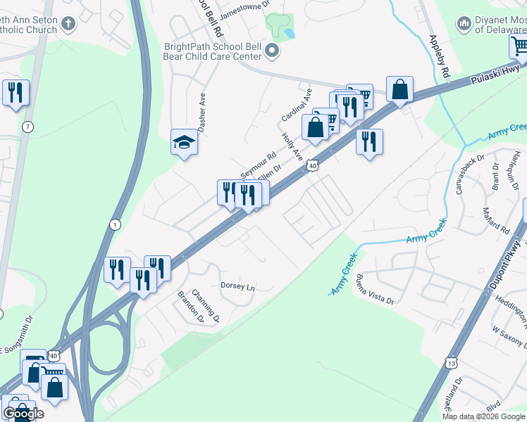 map of restaurants, bars, coffee shops, grocery stores, and more near 760 Pulaski Highway in Bear