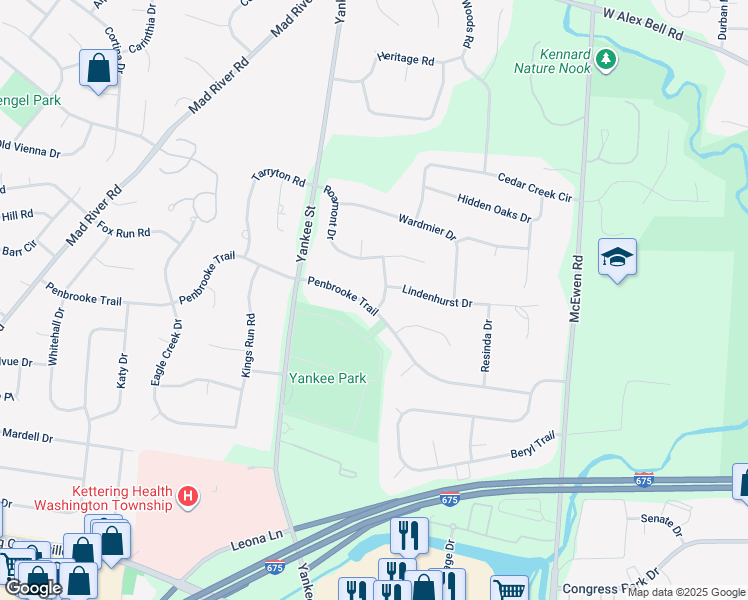 map of restaurants, bars, coffee shops, grocery stores, and more near 1601 Penbrooke Trail in Dayton