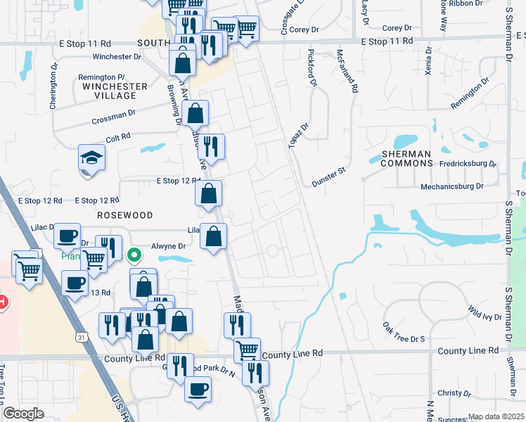 map of restaurants, bars, coffee shops, grocery stores, and more near 8544 Palo Verde Terrace in Indianapolis